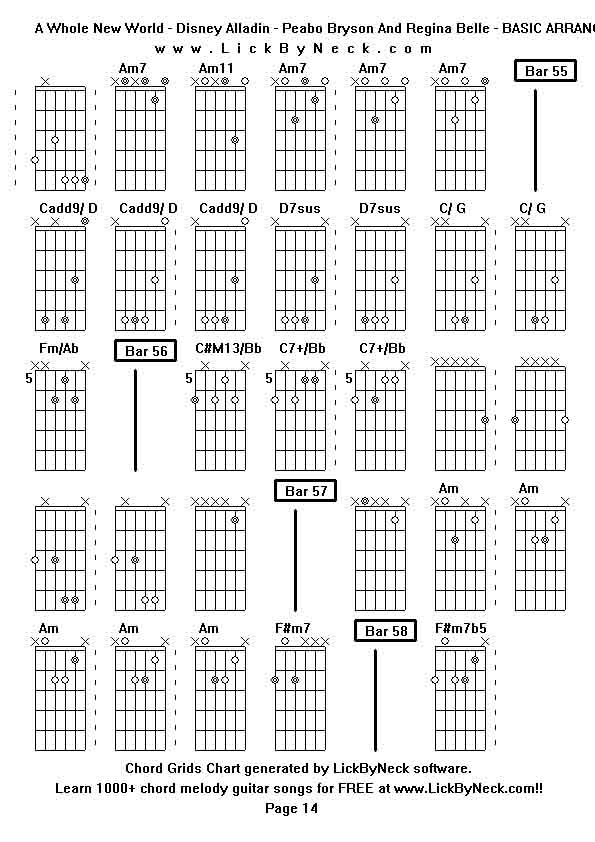 Chord Grids Chart of chord melody fingerstyle guitar song-A Whole New World - Disney Alladin - Peabo Bryson And Regina Belle - BASIC ARRANGEMENT,generated by LickByNeck software.